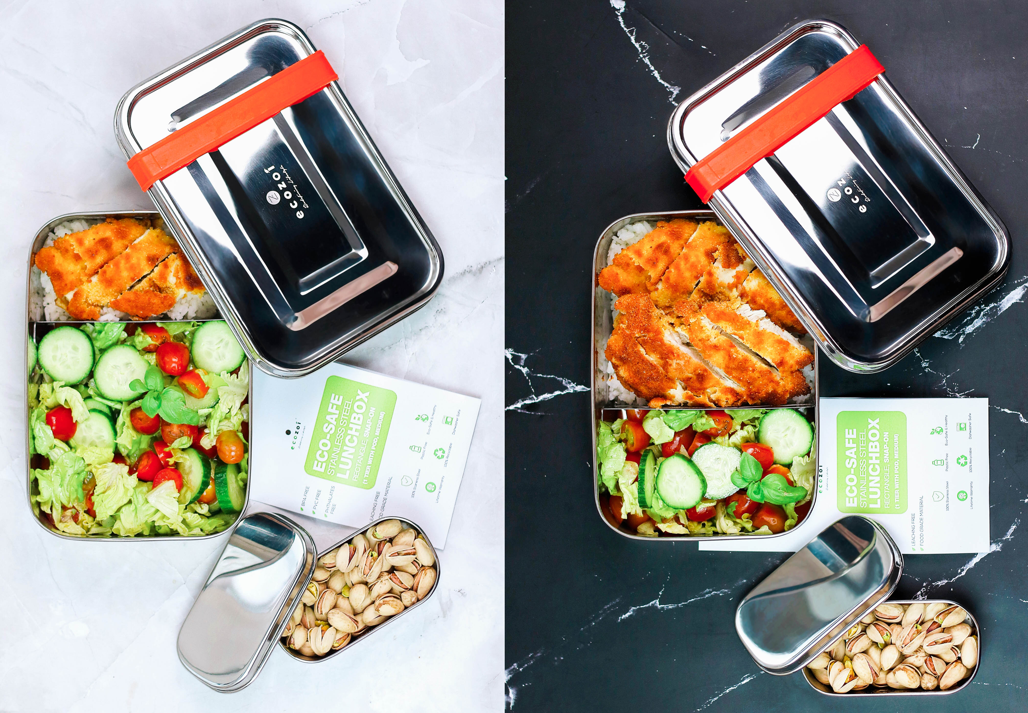 STAINLESS STEEL LUNCH BOX, 1 TIER MICROWAVABLE, WITH REMOVABLE DIVIDER, 50 OZ by ecozoi