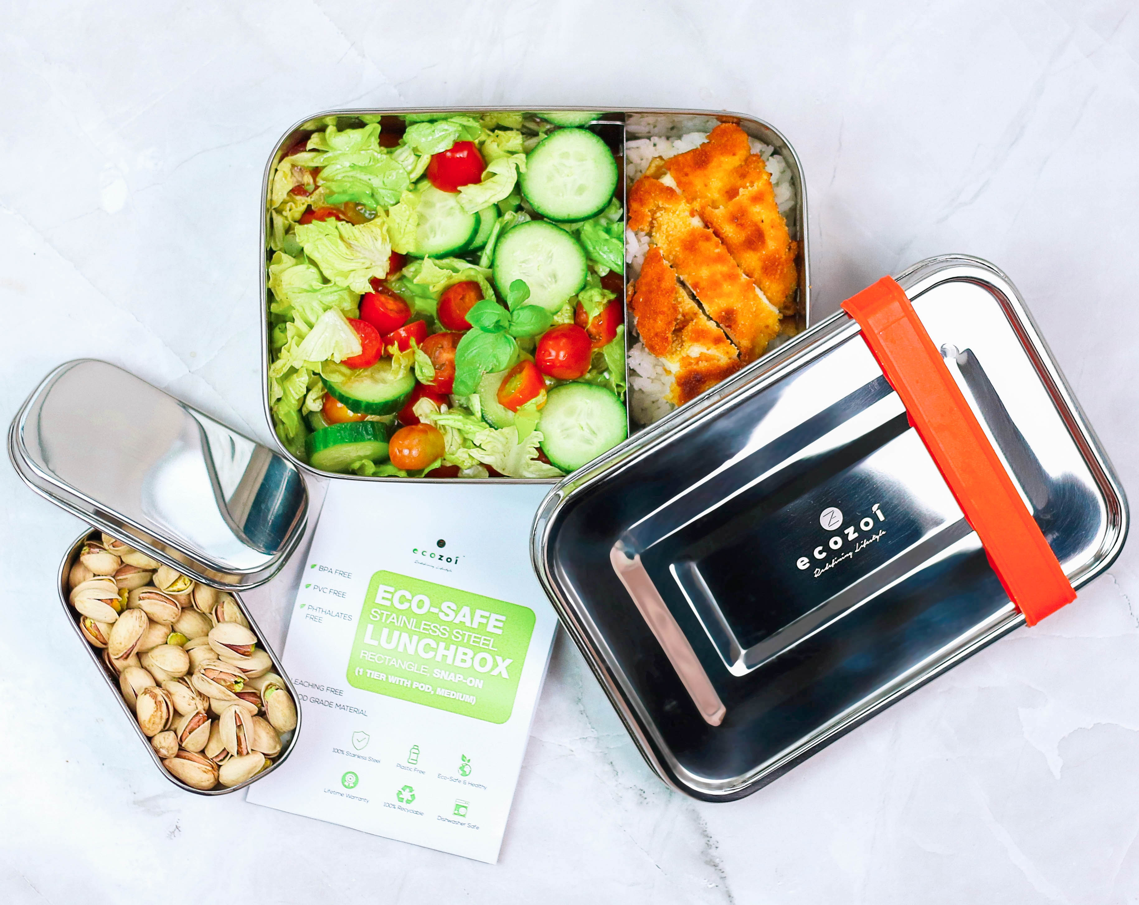 STAINLESS STEEL LUNCH BOX, 1 TIER MICROWAVABLE, WITH REMOVABLE DIVIDER, 50 OZ by ecozoi