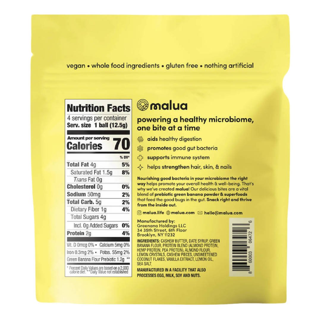 Malua Prebiotic Organic Gut Healthy Vegan Keto Friendly, Low Carb Cashew Lemon Bites - 8 Bags x 1.8 oz by Farm2Me
