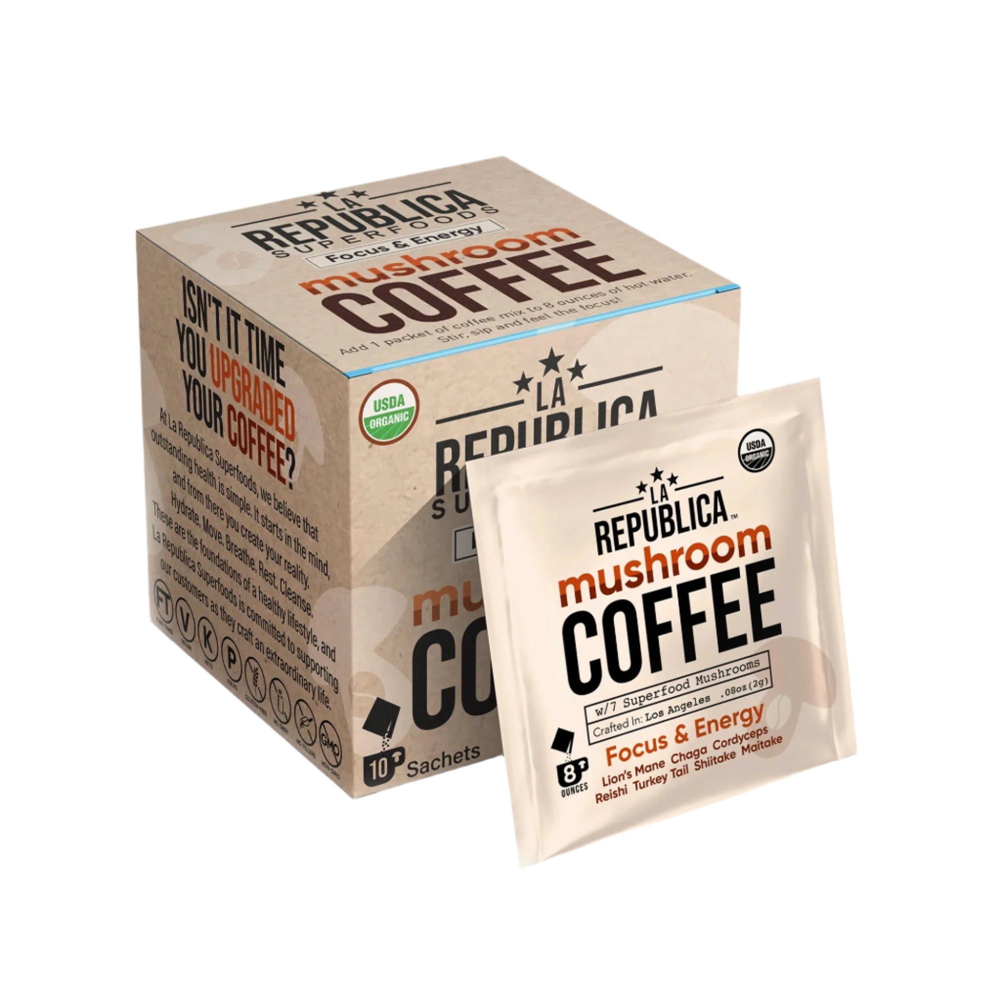 Mushroom Coffee 10-Pack Box of Single Serve Packets by La Republica Superfoods