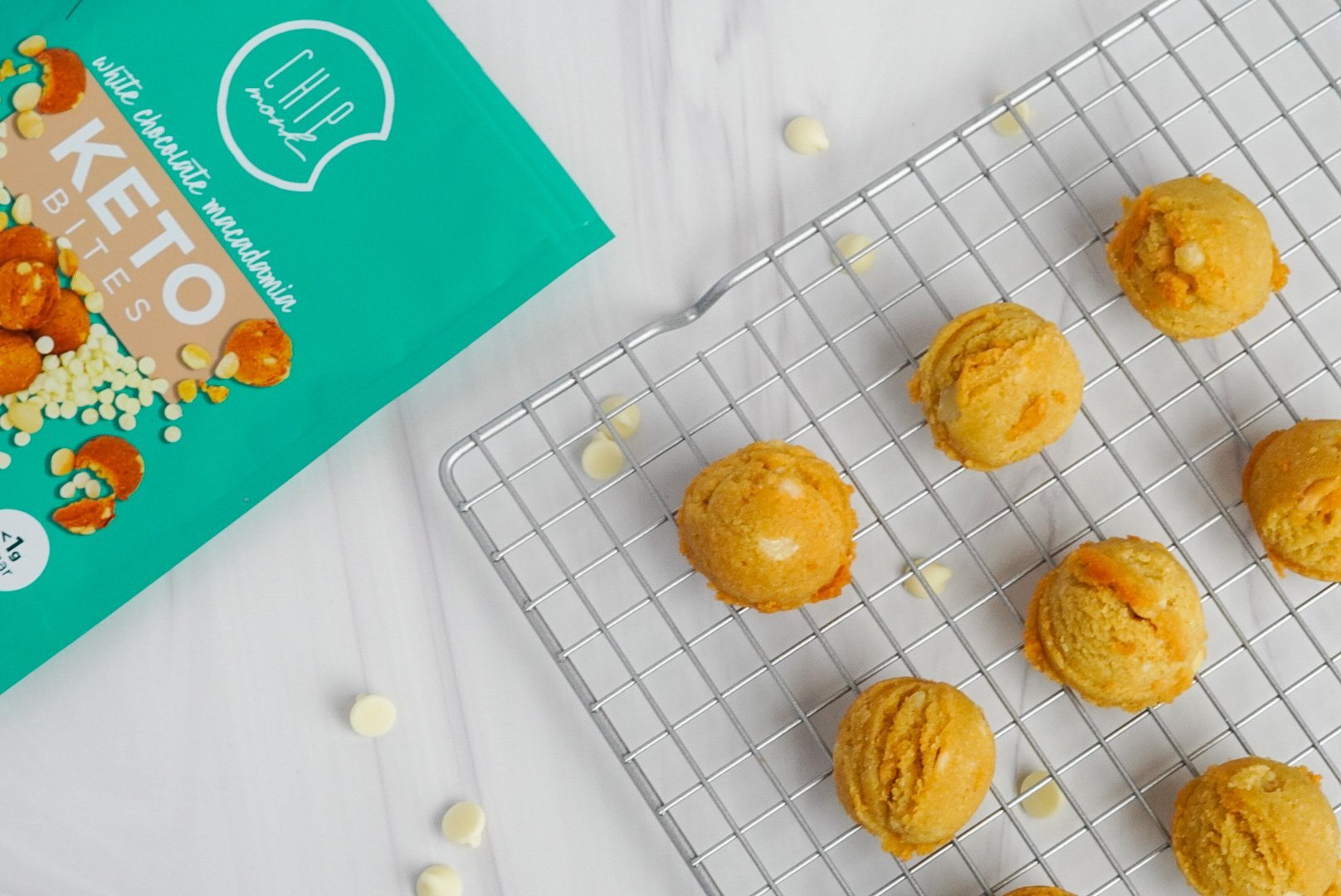 White Chocolate Macadamia Keto Cookie Bites by ChipMonk Baking