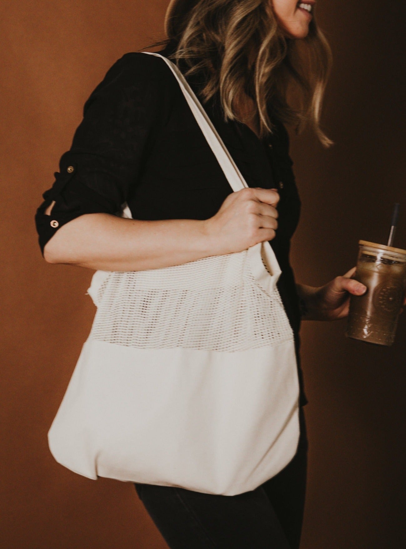 Organic Half Mesh Market Tote with Phone Pocket