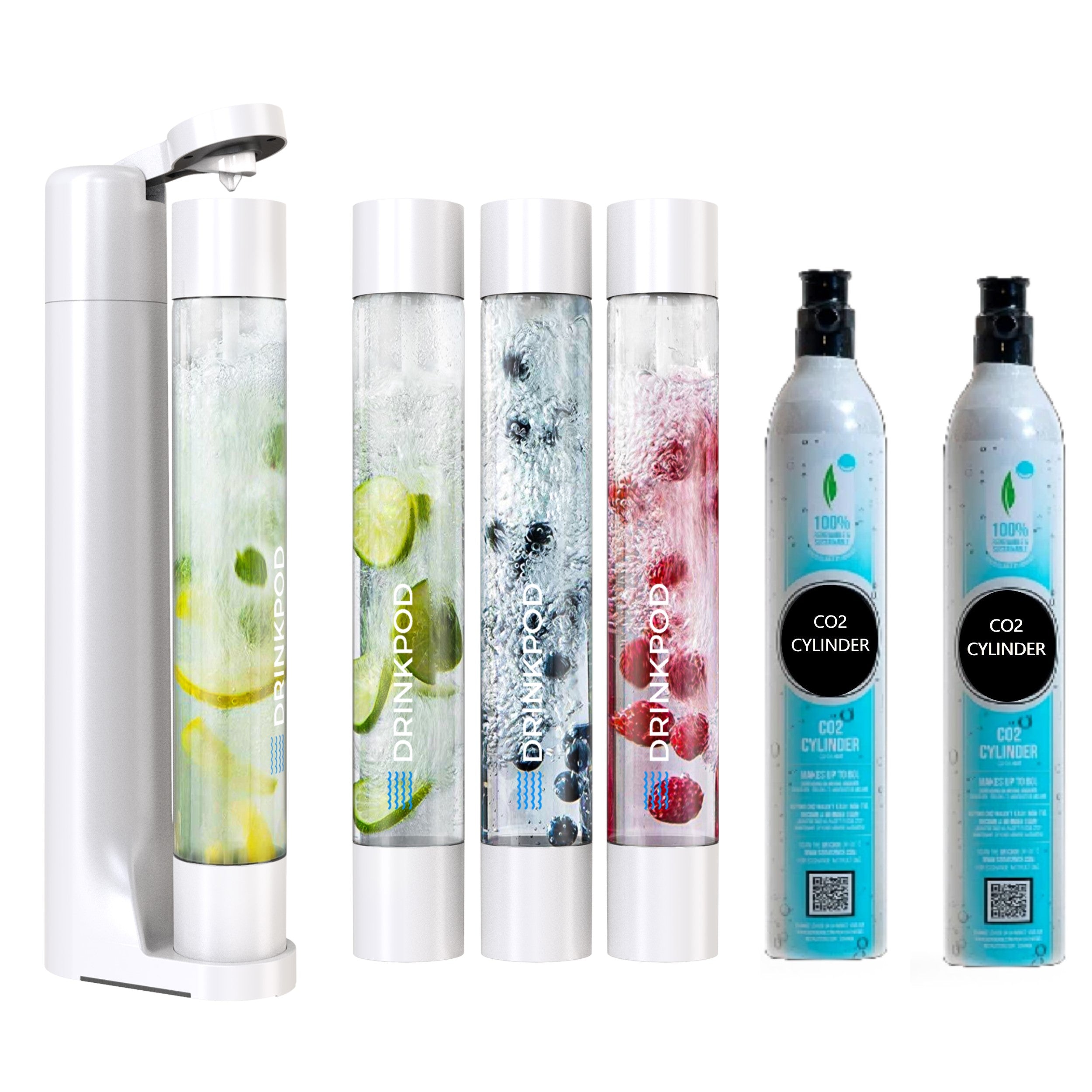 FIZZPod Soda Machine + 2 CO₂ Cylinder - Make Homemade Sparkling Water, Juice, Tea and Cocktail Drinks with Fruits & Candy by Drinkpod