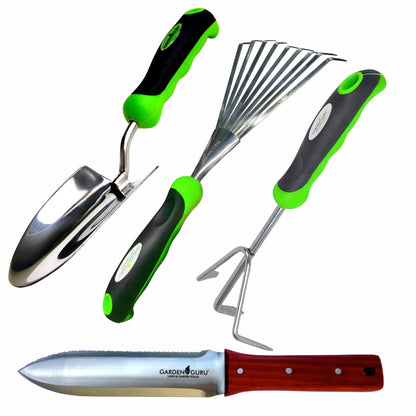 4pc Garden Tool Set – Trowel, Cultivator, Hand Rake & Hori Hori Knife