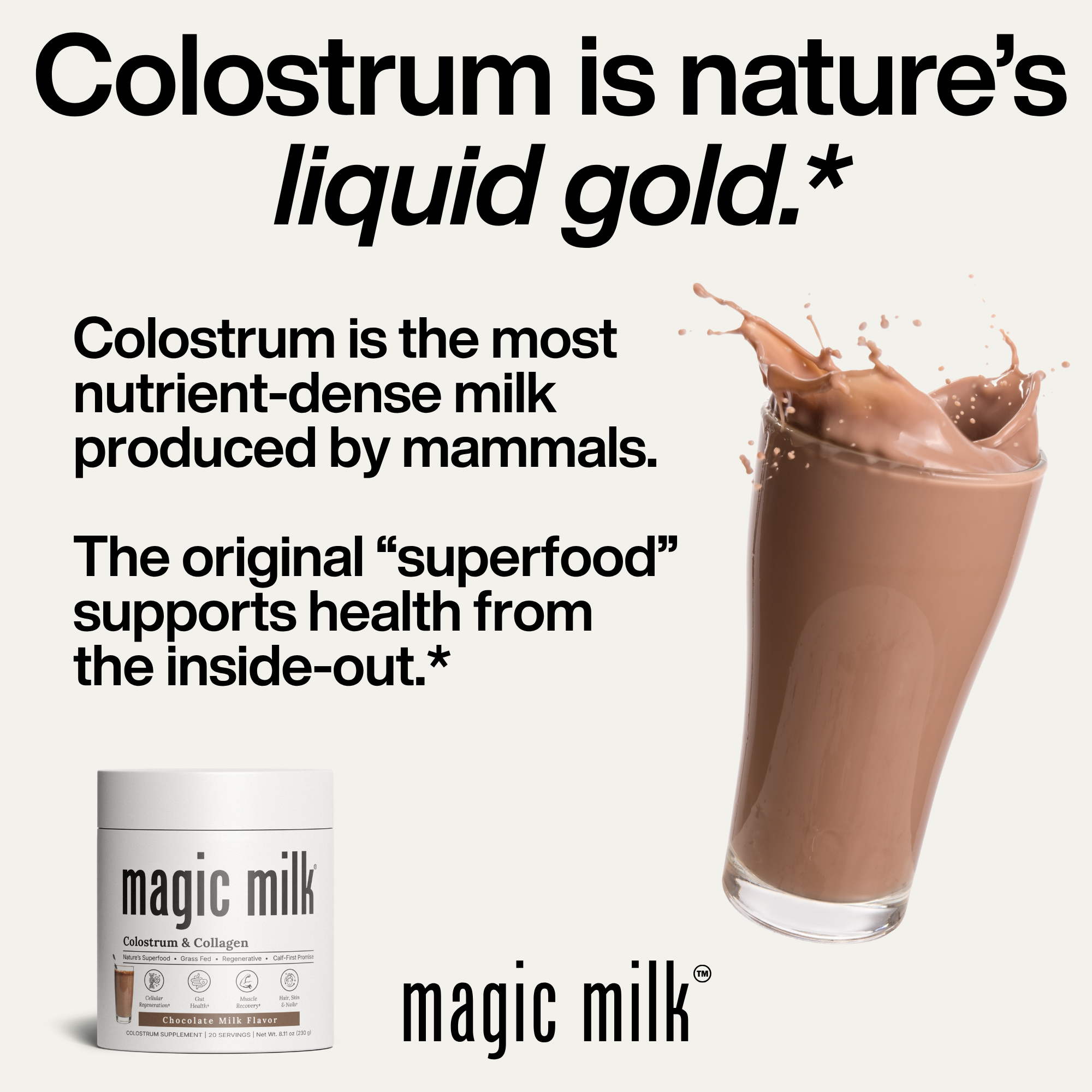 magic milk - colostrum, grass-fed from New Zealand, chocolate milk flavor