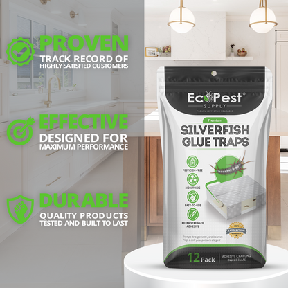 Silverfish Glue Traps – 12 Pack | Sticky Indoor Pest Control Trap for Silverfish by EcoPest Supply