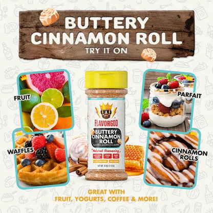 Buttery Cinnamon Roll Seasoning Topper Mix 3 Bottle Pack, Natural Healthy Blend, Bread, Pudding, Coffee Sprinkles, Oatmeal, Sandwiches & Ice Cream, Low Sodium, Kosher, Gluten Dairy Free by FlavorGod
