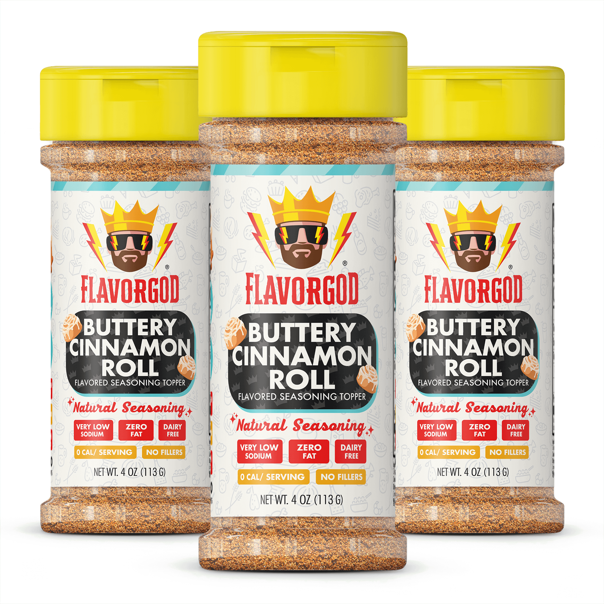 Buttery Cinnamon Roll Seasoning Topper Mix 3 Bottle Pack, Natural Healthy Blend, Bread, Pudding, Coffee Sprinkles, Oatmeal, Sandwiches & Ice Cream, Low Sodium, Kosher, Gluten Dairy Free by FlavorGod