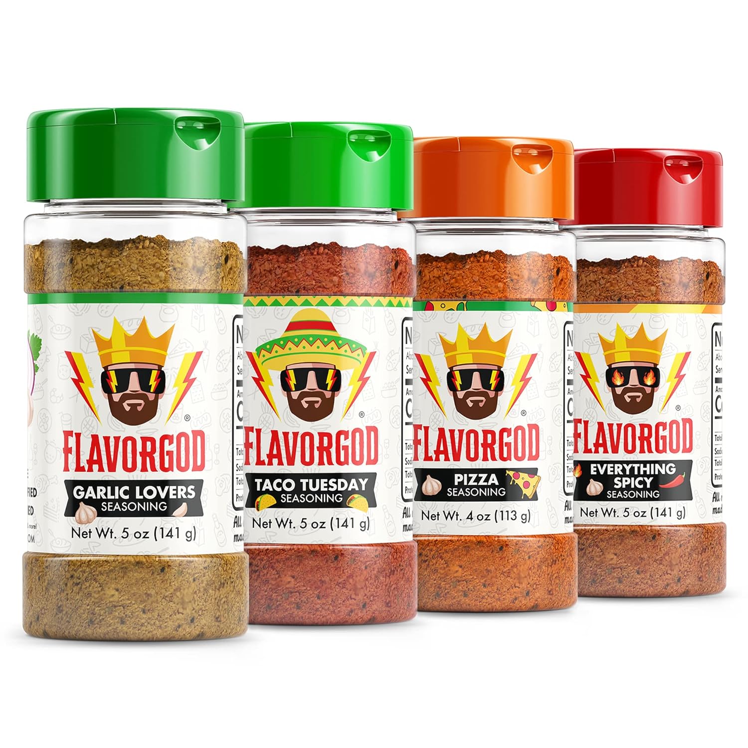 Savory & Spicy Combo Pack of 4, Herbs, Spices and Seasoning Gift Set - Garlic Lovers, Everything Spicy, Taco Tuesday, Pizza - Premium All Natural & Healthy Spice Blend by FlavorGod
