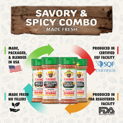 Savory & Spicy Combo Pack of 4, Herbs, Spices and Seasoning Gift Set - Garlic Lovers, Everything Spicy, Taco Tuesday, Pizza - Premium All Natural & Healthy Spice Blend by FlavorGod