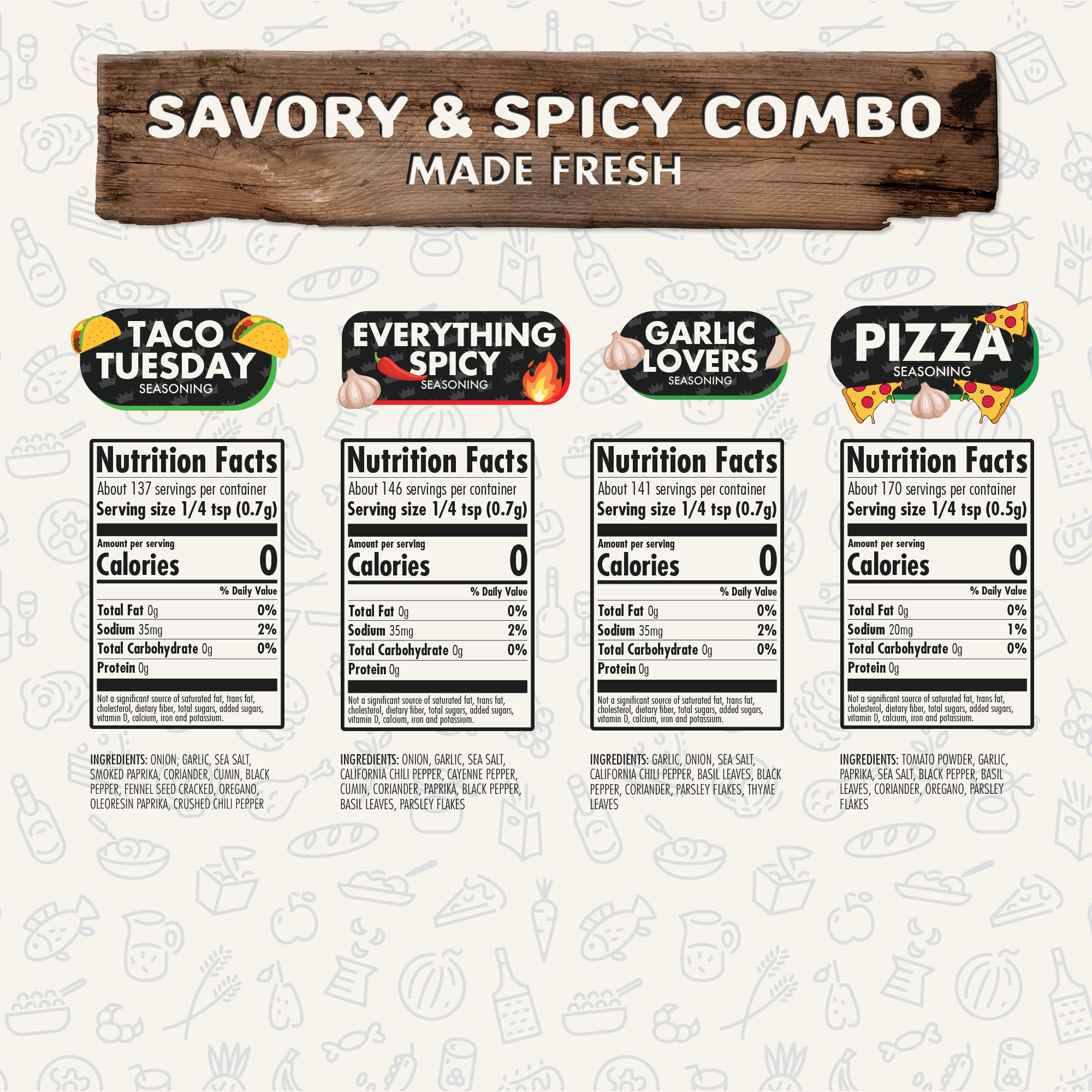 Savory & Spicy Combo Pack of 4, Herbs, Spices and Seasoning Gift Set - Garlic Lovers, Everything Spicy, Taco Tuesday, Pizza - Premium All Natural & Healthy Spice Blend by FlavorGod