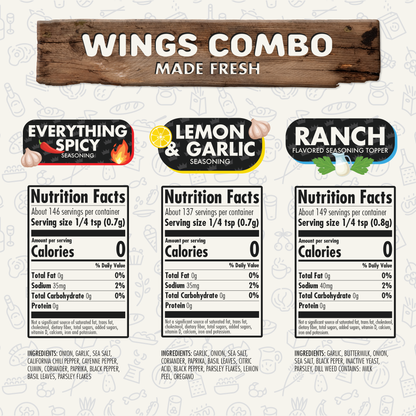 Wings Combo Pack of 3, Herbs, Spices, Topper and Seasoning Gift Set - Everything Spicy, Lemon & Garlic, and Ranch - Premium All Natural & Healthy Spice Blend by FlavorGod Seasonings