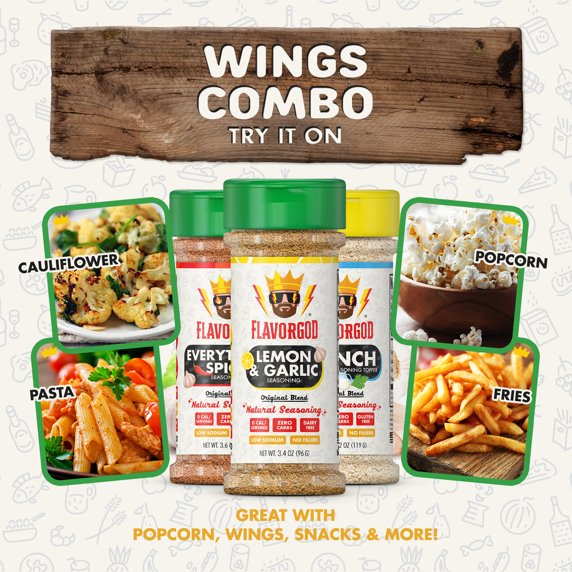 Wings Combo Pack of 3, Herbs, Spices, Topper and Seasoning Gift Set - Everything Spicy, Lemon & Garlic, and Ranch - Premium All Natural & Healthy Spice Blend by FlavorGod Seasonings