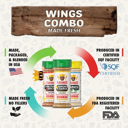 Wings Combo Pack of 3, Herbs, Spices, Topper and Seasoning Gift Set - Everything Spicy, Lemon & Garlic, and Ranch - Premium All Natural & Healthy Spice Blend by FlavorGod Seasonings