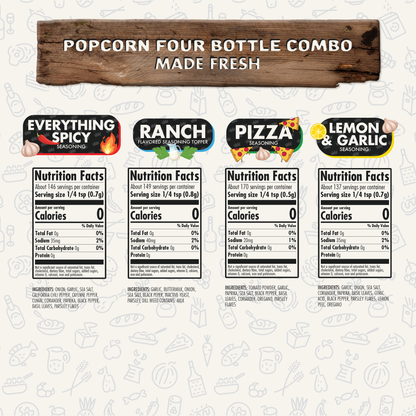 Popcorn Combo Pack of 4, Herb, Spices, Topper and Seasoning Gift Set - Everything Spicy, Pizza, Ranch, Lemon & Garlic - Premium All Natural & Healthy Spice Blend by Flavor God Seasonings