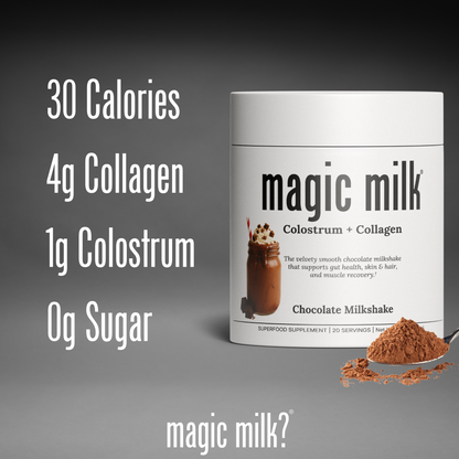 Magic Milk - Colostrum - Plus Collagen Peptides - Chocolate Milk - Supports Gut Health, Skin & Hair, Recovery - 20 Servings