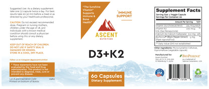 D3 + K2, 60 Capsules, 125 mcg D3 + 100 mcg K2 by Ascent Nutrition