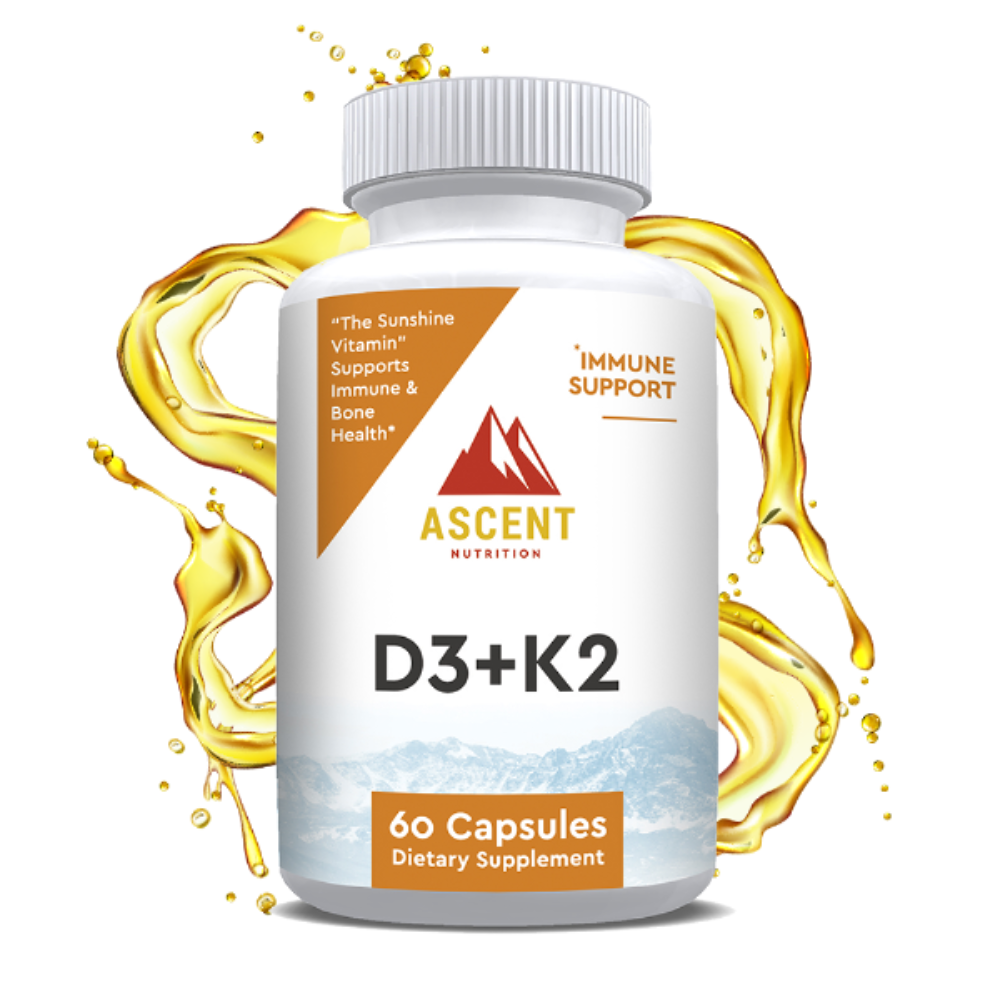D3 + K2, 60 Capsules, 125 mcg D3 + 100 mcg K2 by Ascent Nutrition