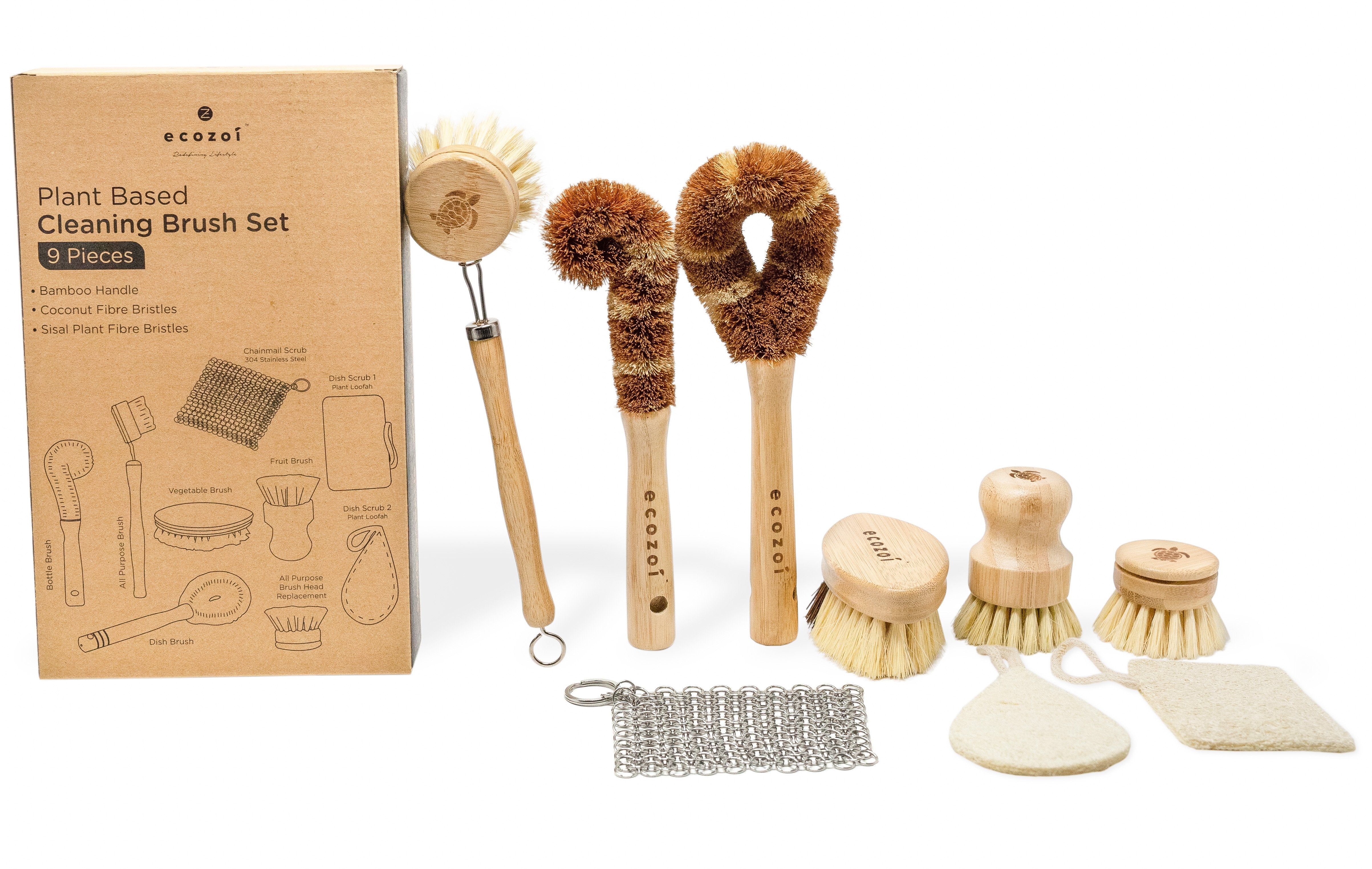 Dish Brush Set, 9 Piece Kitchen Scrub, Zero Waste Brush Set, Plant Based Vegetable Brush Set by ecozoi