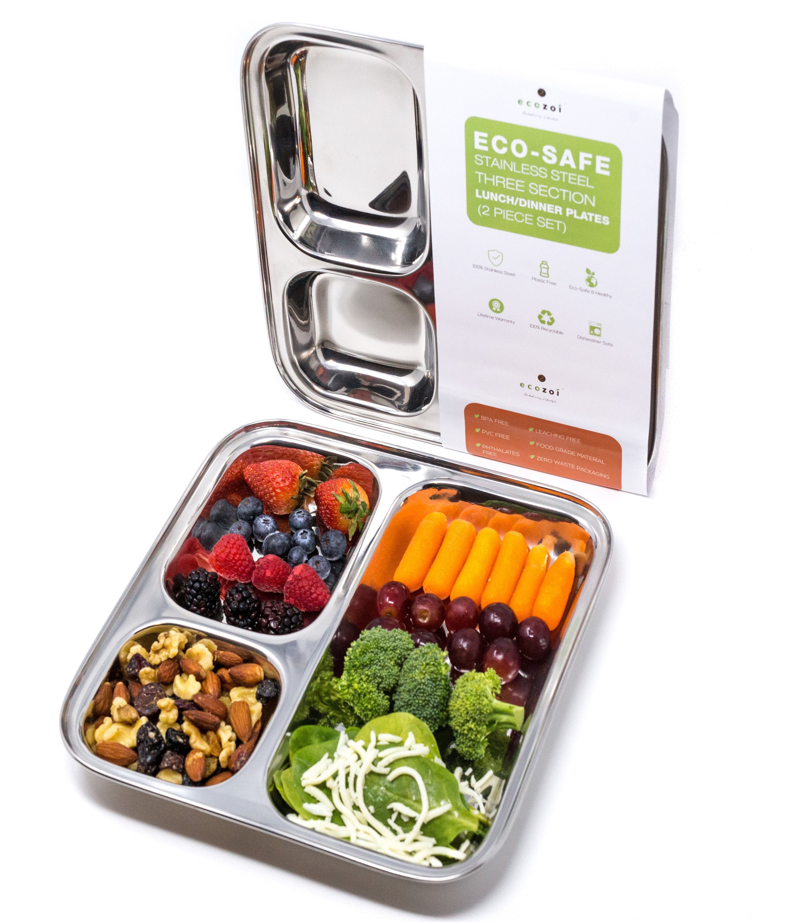 Stainless Steel Dinner Plates, Reusable, 3 Compartments, 2 Pack by ecozoi