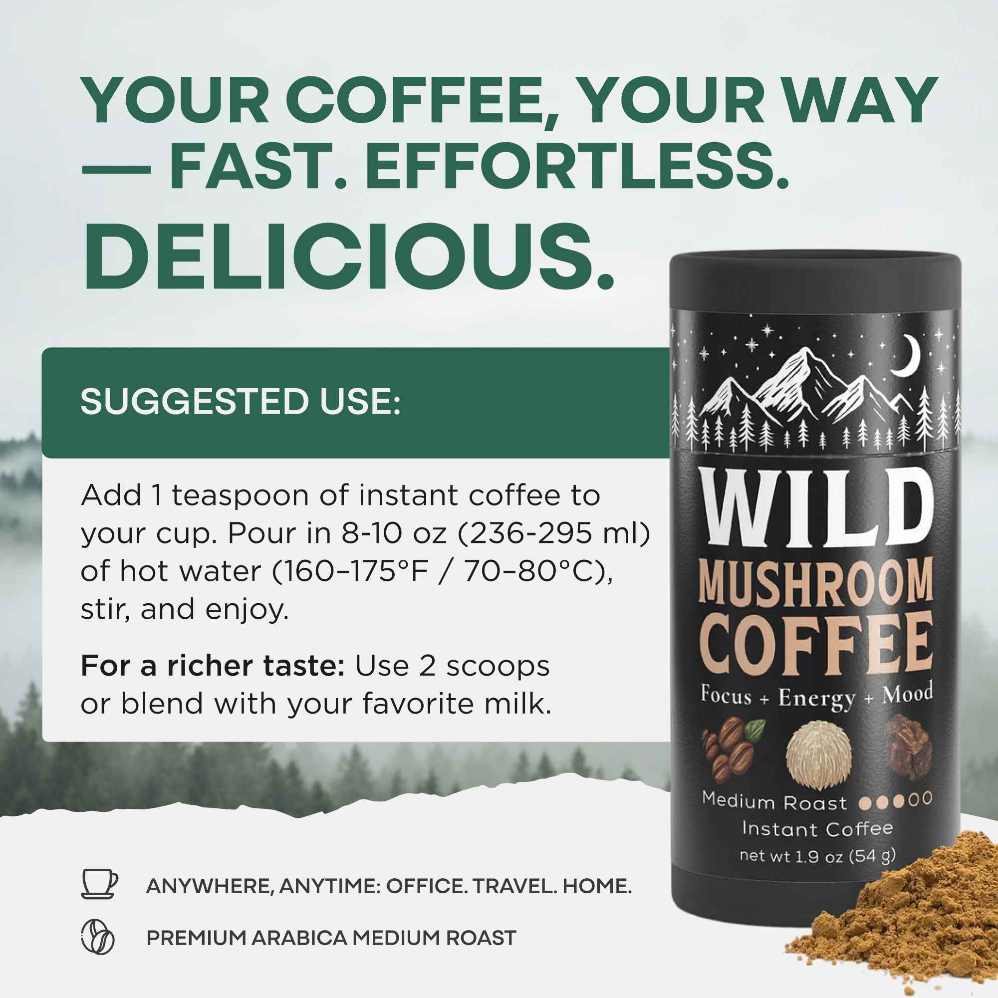 WILD Mushroom Coffee (Medium Roast) - Instant Coffee