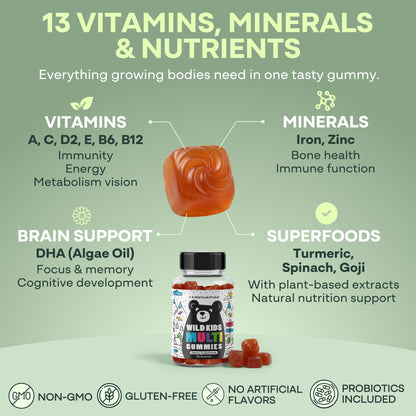 Wild Kids Multivitamin Gummies – formulated to support focus and a positive mood in growing kids.