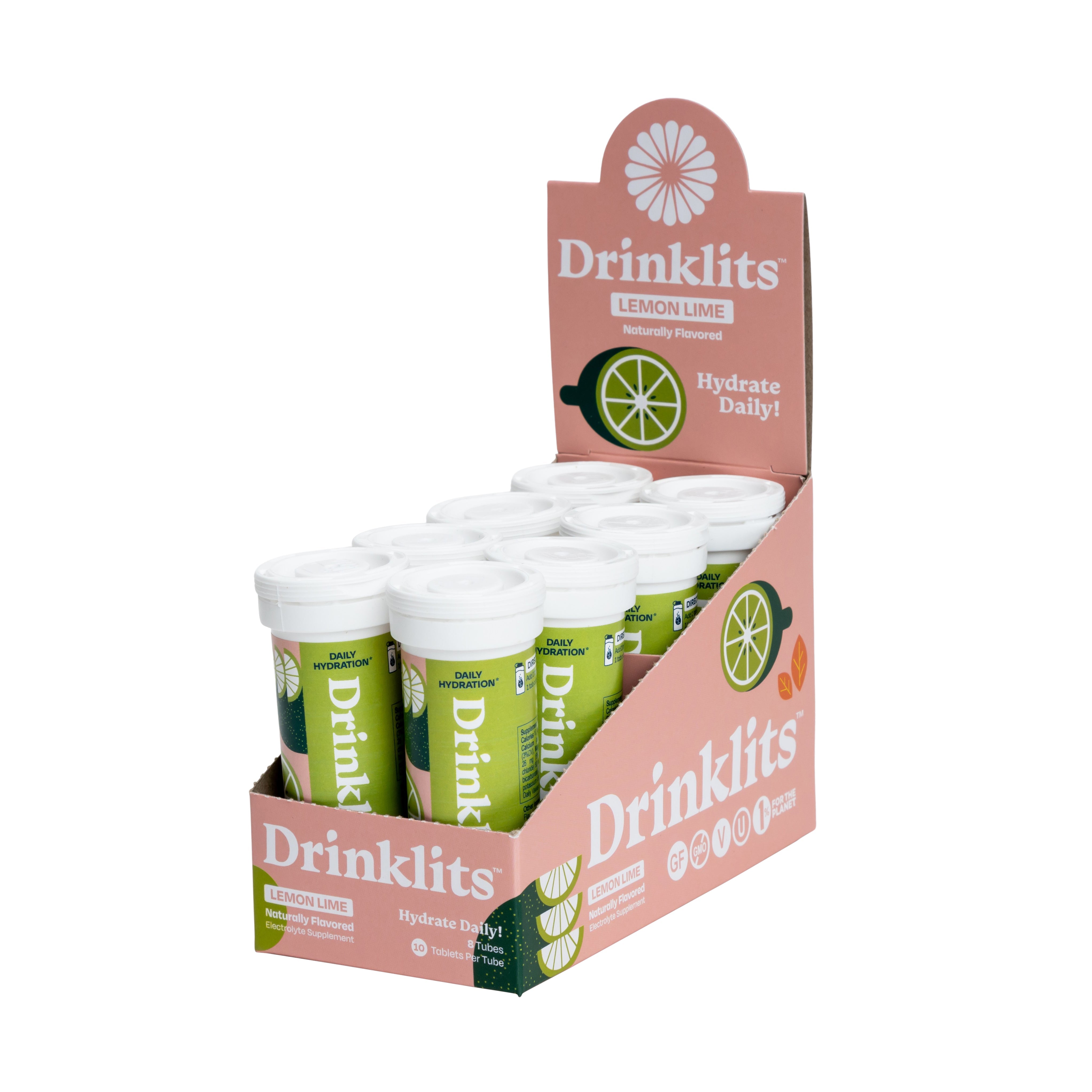 LEMON-LIME Electrolyte Tablets for Daily Hydration (8 Tubes, 80 Servings) by Drinklits