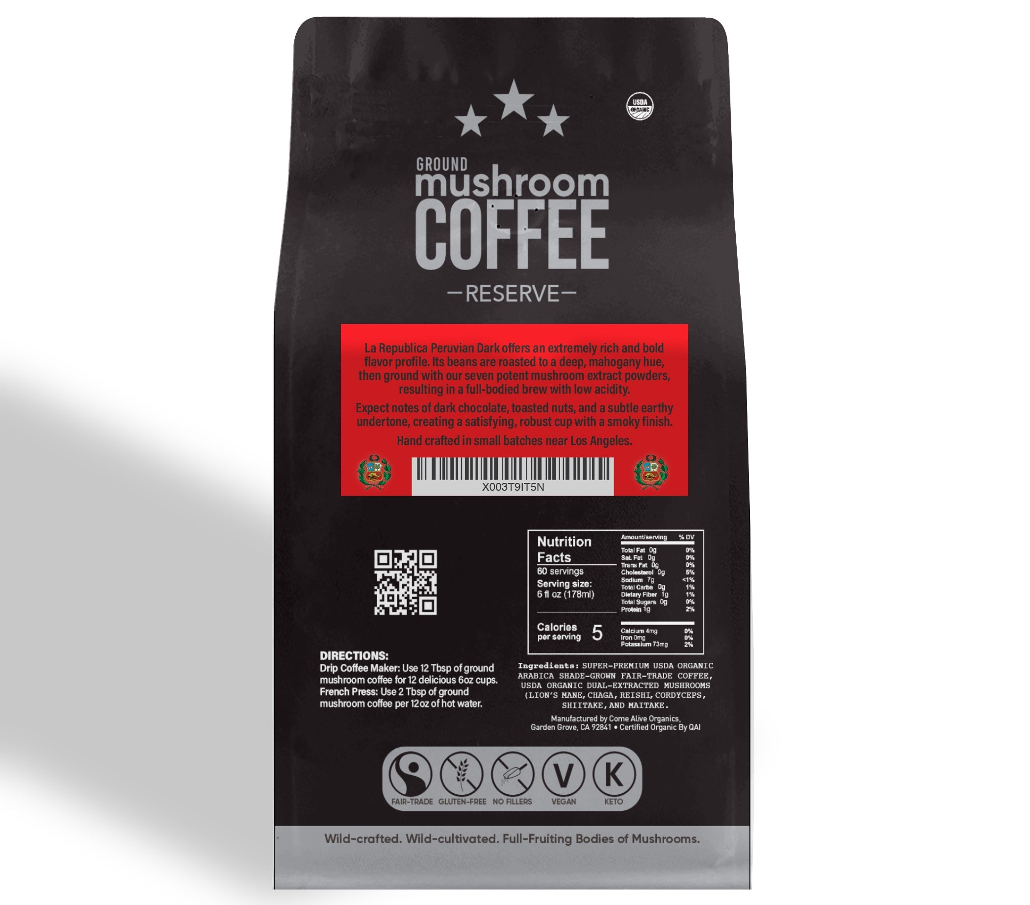 Peruvian Dark Ground RESERVE Mushroom Coffee by La Republica Superfoods