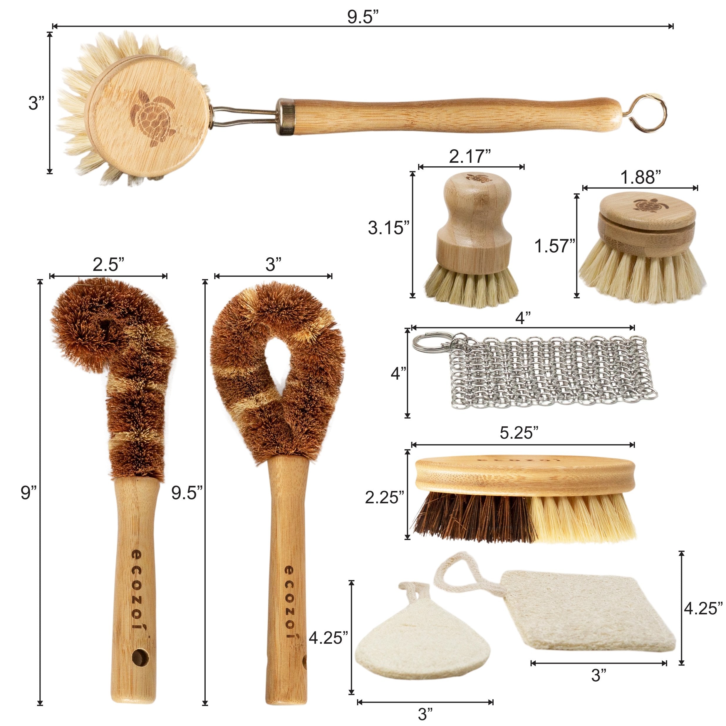 Dish Brush Set, 9 Piece Kitchen Scrub, Zero Waste Brush Set, Plant Based Vegetable Brush Set by ecozoi