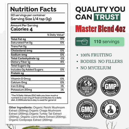 Master Mushrooms Blend, 110 servings – Daily Immune Support Adaptogenic Mushrooms