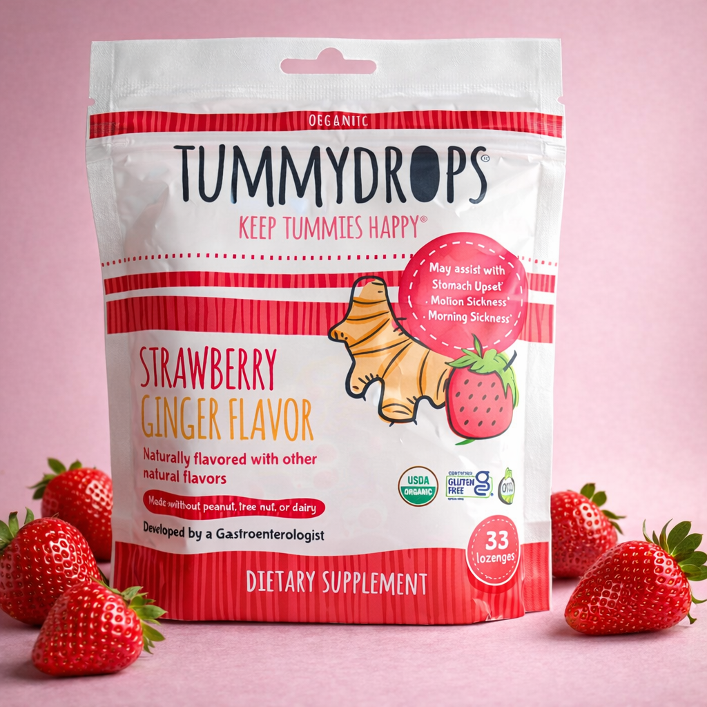 Strawberry Ginger Tummydrops | Organic Lozenges 33ct Bag