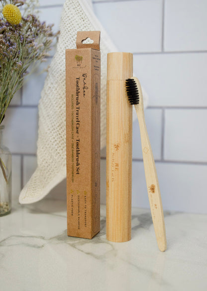 Bamboo Toothbrush Travel Case + Toothbrush Set