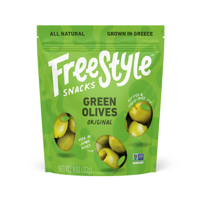 Freestyle Snacks Green Olives Plain Original - 6 bags x 4oz by Farm2Me