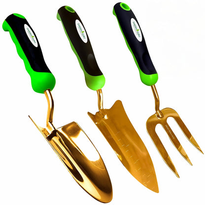 3pc Titanium Coated Stainless Steel Tool Set – Fork, Trowel & Transplanter