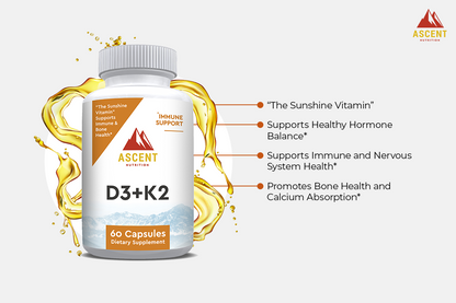 D3 + K2, 60 Capsules, 125 mcg D3 + 100 mcg K2 by Ascent Nutrition
