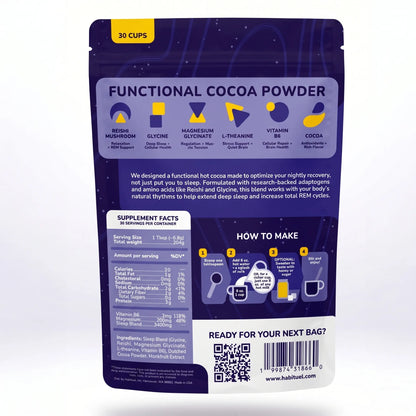 Mushroom Hot Cocoa for Sleep by Habituel — Magnesium Glycinate + Reishi + Glycine + L-Theanine + B6. Melatonin-Free, 0g Sugar
