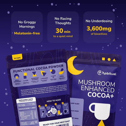 Mushroom Hot Cocoa for Sleep by Habituel — Magnesium Glycinate + Reishi + Glycine + L-Theanine + B6. Melatonin-Free, 0g Sugar