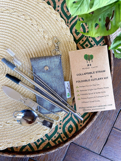 Me Mother Earth Stainless Steel Collapsible Straw & Foldable Cutlery Set with Travel Bag