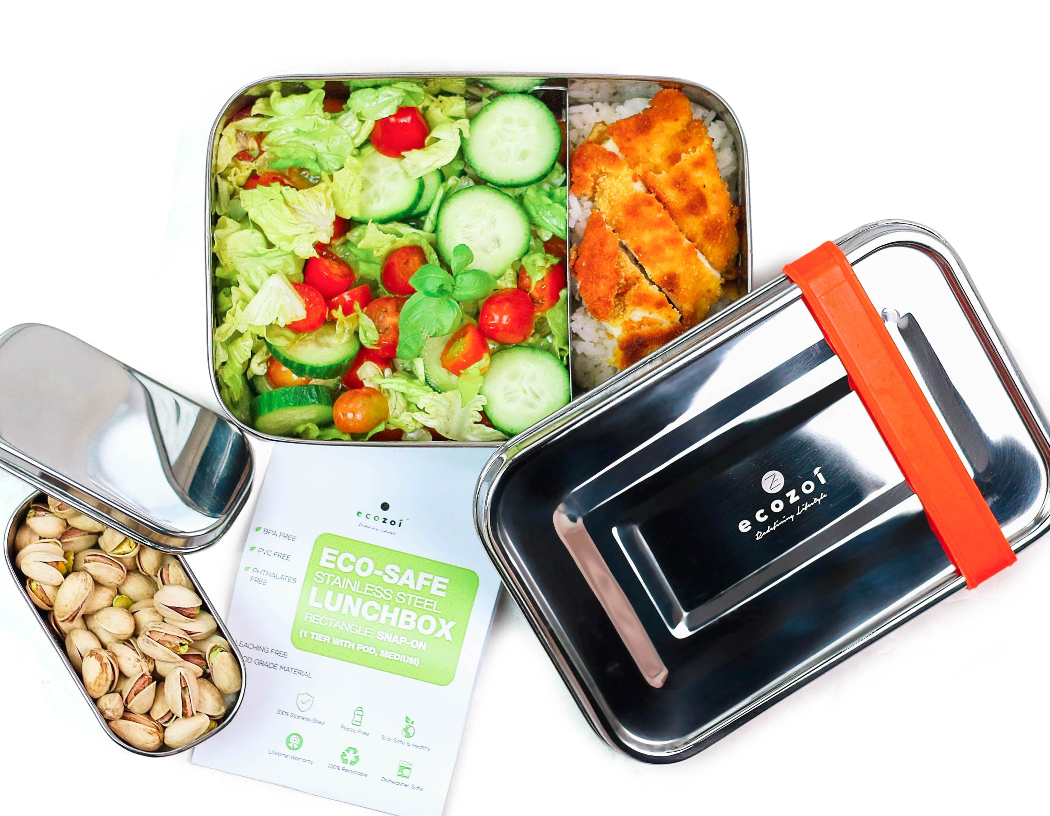 STAINLESS STEEL LUNCH BOX, 1 TIER MICROWAVABLE, WITH REMOVABLE DIVIDER, 50 OZ by ecozoi